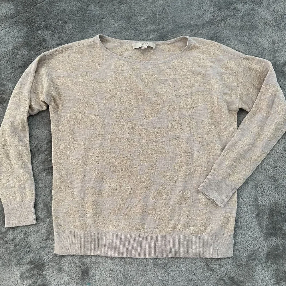 Loft Crew Neck Pullover Sweater Women's MEDIUM Gold Tan Floral